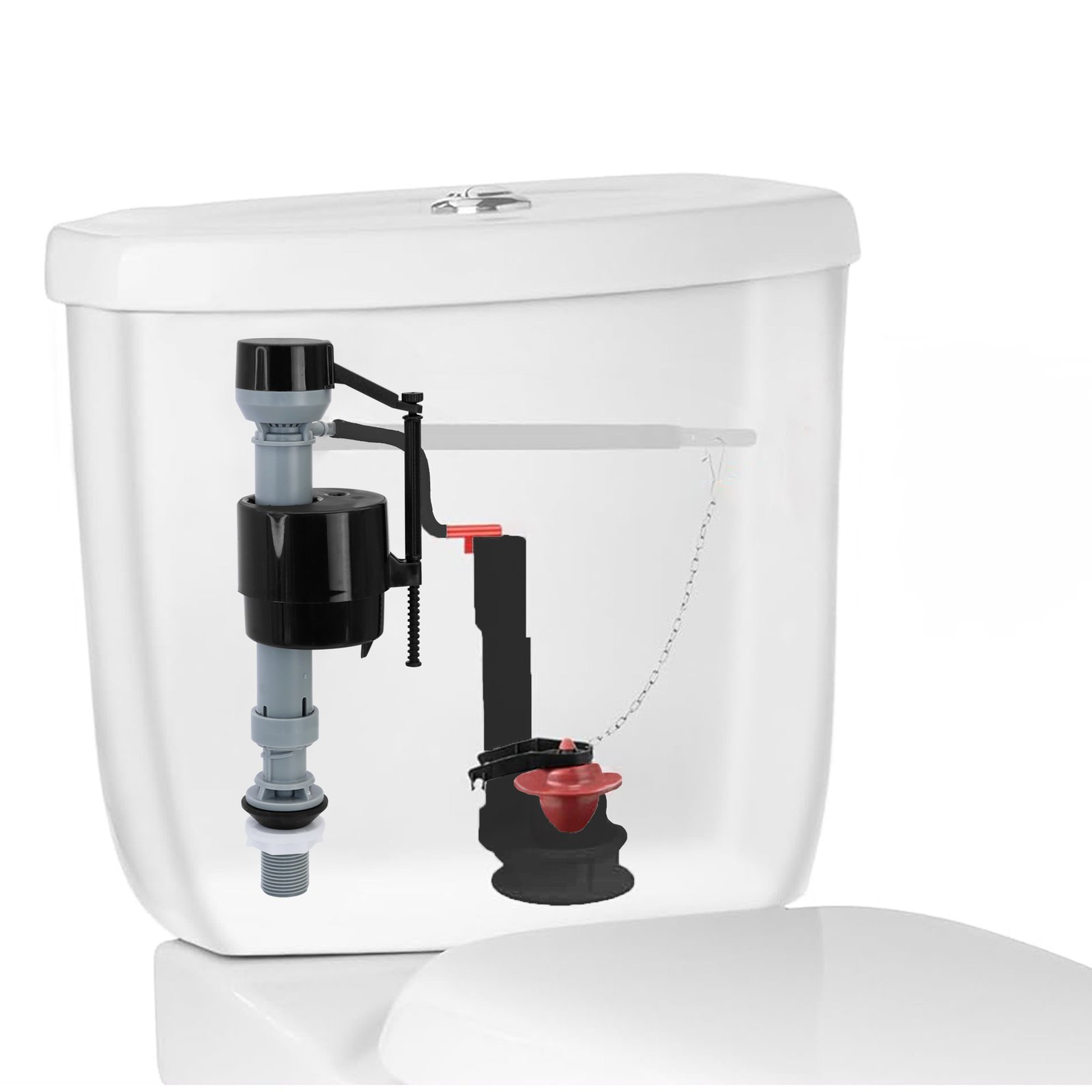 Illustration of an American-style lever toilet tank with a float-cup fill valve, flapper flush valve, lift chain and trip lever