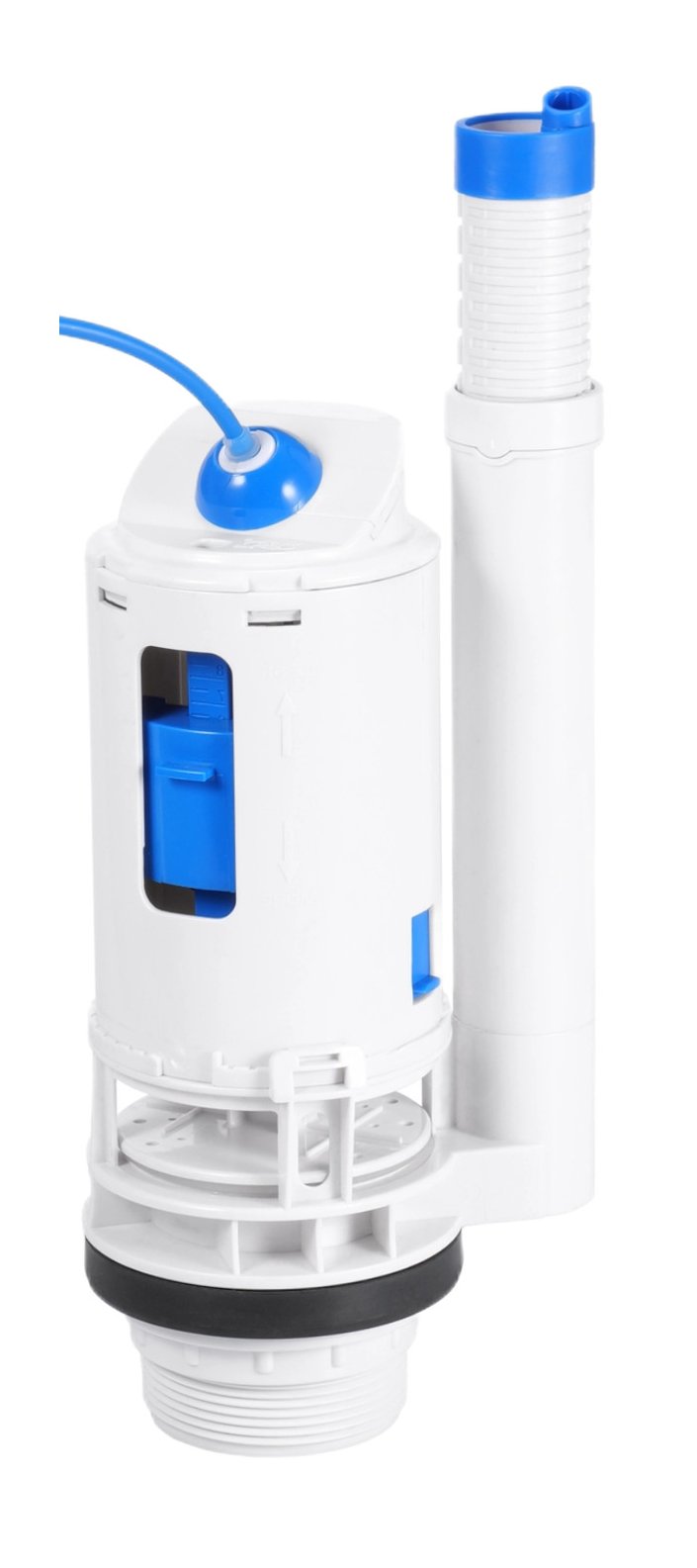 Dual-flush tower (canister) flush valve with an adjustable overflow pipe and base seal