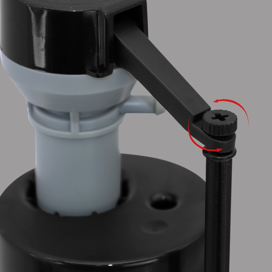 Tornillo de ajuste del nivel de agua en una válvula de flotador de vaso; gíralo para subir o bajar el flotador