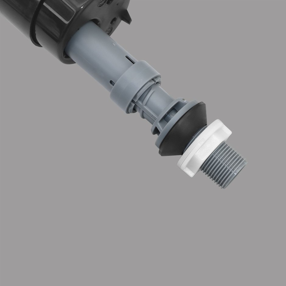 Close-up of a fill valve's threaded plastic shank, rubber seal washer and locknut
