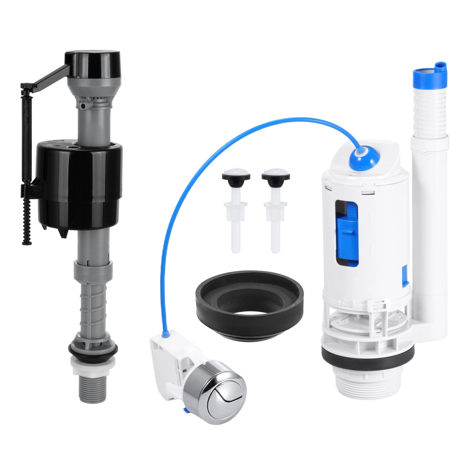 Kit completo de reparación de cisterna: válvula de llenado, válvula de descarga de doble pulsador, pulsador de cable, junta cisterna-taza y dos tornillos de fijación